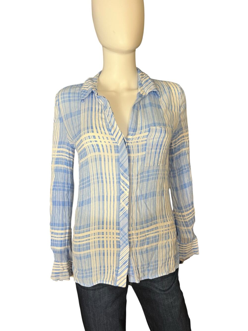 DVF Diane Von Furstenberg Carter Blue White Plaid Button-Down Shirt US 2